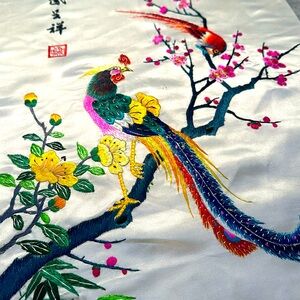 Asian embroidered birds on silk fabric -wall art?